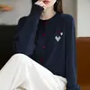 Chaqueta cárdigan de punto jacquard con cuello redondo para mujer, elegante top de primavera y otoño para mujer, suéter de otoño e invierno, blanco roto, talla única, burdeos