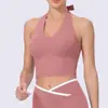 Sujetador deportivo de una pieza estilo europeo y americano transfronterizo con copa fija para mujer, cuello halter de verano, espalda hermosa, top tipo tank top a prueba de impacto para fitness y yoga