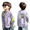 Roupa infantil, camiseta de manga comprida para meninos, estilo moderno e descolado, novo modelo 2026, algodão puro, blusa infantil falsa de duas peças, roupa de menino bonita