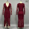 Novo vestido de noite sexy feminino de renda com decote V profundo e manga longa, fenda alta, estilo sereia, na cor bordô, com cintura alta