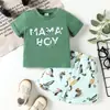 Traje de Manga Corta para Niños, Conjunto de Dos Piezas con Camiseta Estampada de Letras Tricolor y Pantalones Cortos, Traje de Verano Exclusivo Transfronterizo para Niños