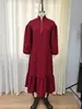 Vestido cruzado de color liso para mujer, estilo europeo y americano, con cuello mao, cremallera circular, mangas de farol, bolsillos laterales dobles, corte holgado y falda larga