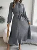 Amazon Transfronterizo Primavera y Otoño Nueva Ropa de Mujer Color Sólido Cuello Alto Manga Larga Cintura Plisada Ceñidor Elegante Vestido
