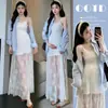 Vestido de Maternidad Primavera Sexy de Encaje con Tirantes + Camisa con Parches de Encaje Conjunto de Dos Piezas de Manga Larga para Maternidad