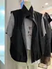 Chaleco de cuero sin mangas de alta gama a cuadros en bloques de color, cuello alto retro negro para mujer, chaqueta corta casual holgada de primavera 2026