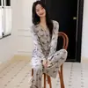 Yue Mian Xuan 17 Estilos Seda Helada Acanalado Manga Larga Pantalón Largo Conjunto de Pijama para Mujer Estilo Coreano Estampado Delgado Ropa de Casa