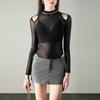 Malla Negra con Ranuras Superior Sexy Europeo y Americano Micro-transparente Spice Girls Manga Larga Baile Yoga Fitness Camiseta