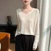 Nueva Camiseta de Manga Larga con Cuello en V para Mujer, Top Delgado, Sencillo y Versátil, Color Sólido, Holgado, Camiseta Básica de Punto Sencilla