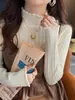 Top Segunda Pele Branco para Mulheres, Novo Outono/Inverno, Gola Alta, Tricô Canelado