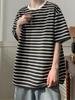 2024 Nueva Camiseta de Algodón Pesado de Cuello Redondo Rayada Tridimensional Estilo Vintage Japonés para Pareja Holgada Informal Versátil Sencilla de Manga Corta