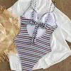 Traje de baño Sexy de una pieza para mujer 2027 Más vendido Transfronterizo con Tira Rayada Hueco Espalda Descubierta de Atar Ajustado para Resort de Aguas Termales