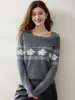 Suéter de Cachemira Tejido Fair Isle para Mujer, Nueva Moda 2026, Elegante Top de Punto Holgado de un Hombro