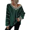 Sitio Web Independiente Transfronterizo Estilo Europeo y Americano Comercio Exterior Nueva Ropa para Mujer Suéter de Punto de Manga Larga a Rayas Top de Punto Casual Holgado con Cuello en V