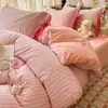 Estilo Coreano Femenino Rosa Cereza Encaje con Cordones Lazo Algodón Puro Juego de Cuatro Piezas Temporada de Regreso a Clases Juego de Tres Piezas para Sábana de Cama de Dormitorio y Funda de Edredón