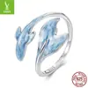 Anel Aberto Original S925 Prata de Lei Yinziyun Peixe Guppy Azul Pequeno Fresco Anel Ajustável