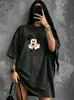 Camiseta de manga corta desgastada de marca hip-hop europea y americana de moda para mujer, talla grande, holgada oversize, top negro lavado con estampado