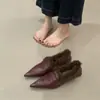 Zapatos de Moda para Mujer Estilo Francés Otoño e Invierno Retro Tejidos Forrados de Polar Corte Profundo Puntiagudos de Tacón Bajo Adelgazantes Cálidos de Algodón con Piel