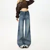 Jeans de Campana Anchos Elásticos de Ajuste Holgado Estilo Americano Resistentes Arrugados con Bigotes Pantalones Largos Cómodos para Mujer