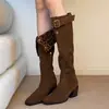 Botas de Montura Western Convertibles de Tacón Alto para Mujer, con Hebilla de Cinturón, Tacón Grueso, Color Marrón, Longitud Por Encima de la Rodilla