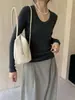 "Atrapador Elegante" Cuello en U, ultracómodo, lana de alto recuento, capa base adelgazante, top de manga larga para mujer, alta elasticidad