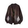 Cardigan suéter Hanlu japonês retrô com padrão de losangos e decote V para homens, estilo outono e inverno, jaqueta de tricô solta e casual
