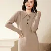 Vestido de Tricô com Gola Lapela Liso de Lã Pura Outono/Inverno Novo Feminino Manga Longa Cor Sólida Costurado Macio Quente Comprimento Médio