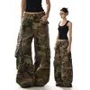 Jeans Camuflado Vintage Lavado Estilo Americano Tendência para Homens e Mulheres, Modelagem Solta Retrô, Calças Scimitar de Perna Reta Emagrecedoras com Múltiplos Bolsos