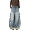Calça Jeans Scimitar Estampada de Estrelas para Homem, Outono, Caimento Solto, Patchwork, Perna Larga, Longa, Jeans Scimitar de Outono para Homem