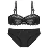 Conjunto de lingerie sexy ultra-fino, semi-transparente, de renda, com meia-taça, para seios pequenos, anti-queda, plus size