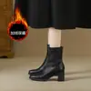 Nueva Versión de Piel de Vaca de Botas Elásticas Ajustadas de Suela Suave Silenciosas para Mujer Botines de Tacón Grueso de Tacón Alto para Ropa de Trabajo Otoño e Invierno Botas Negras Retro