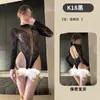 Lencería Sexy Europea y Americana Comercio Exterior Bikini Mono de Manga Larga Malla Hueca Espalda Descubierta Cadera Malla Roja