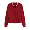 En stock, venta al por mayor del fabricante: Cárdigan de punto rojo con cuello en V para mujer, ligero, elegante y rejuvenecedor, con detalles de botones