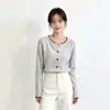 Cárdigan de punto con bloques de color estilo coreano y cuello redondo para mujer, nueva colección de otoño, de longitud corta, de un solo pecho, suéter abrigo suave y cómodo, adecuado para figuras petite.