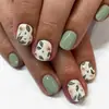 Uñas Vestibles de Flores Pequeñas Verde Matcha Cuadradas Cortas Manicura Hojas Verdes Frescas del Bosque Flores Uñas Postizas Desmontables