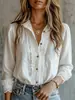 Camisa de manga comprida com botões, gola virada, decote em V, mangas bufantes tipo lanterna, retalhos de renda, estilo europeu e americano, retrô
