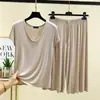 Pijama Modal Gola U Feminino Verão Plus Size Manga Curta Calça Capri Roupa de Casa Casual Solta Fina Conjunto