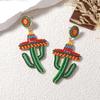 Sombrero de ala ancha de color fresco europeo y americano con cuentas, aretes creativos retro de cactus verde hechos a mano, aretes bohemios