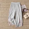 Pantalones de Lino Anchos para Mujer Mamá 2025 Nuevo Verano Delgados de Cintura Alta de Nueve Puntos de Algodón y Lino Casuales Pantalones de Ramio