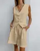 Conjunto de Chaleco y Shorts de Algodón y Lino de Diseño Europeo y Americano 2025 para Mujer, Conjunto Casual de Dos Piezas con Chaleco sin Mangas para Primavera y Verano