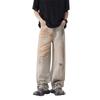 Vibras de Calle Principal Marca de Moda Jeans Vintage Lavados Teñidos con Barro Amarillo Rasgados para Hombre, Pantalones Anchos Rectos Sueltos Retro Americano