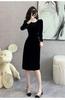 Vestido Hepburn Style Veludo Gola Quadrada Slim Fit Comprimento Médio Saia Transfronteiriça Feminino Outono Novo Vestido de Moda