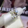 Anillo de Flor de Gota de Aceite de Lujo Entrada Francesa Estilo Perla Morada Anillo Abierto para Dedo Anillo de Perla de Agua Dulce Natural
