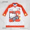 Camiseta de Manga Corta con Estampado de Hello Kitty de Dibujos Animados para Niños, Estilo Verano, Holgada y Transpirable, Marca de Moda Americana High Street, Camiseta Escote en V Color Block