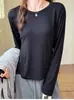 Top de manga larga de color liso para mujer para primavera y otoño, hecho de Tencel y lana, corte ajustado, favorecedor, versátil, cuello redondo, fino