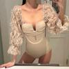 Maiô Inteiro Retrô Palácio Renda Manga Bufante, Feminino Aro Push-Up Modelador Look Emagrecido Cor Pura Maiô de Férias