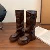 Botas de Montar de Suela Gruesa y Caña Alta para Mujer, Botas Vaqueras Estilo Nuevo Otoño e Invierno 2025, Botas Largas Apiladas Retro Pequeñas