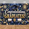Tecido de Fundo para Formatura Azul Escuro e Dourado Parabéns aos Formandos Chapéu de Bacharel Banner de Formatura
