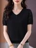 Camiseta Elegante e Estilosa de Gola V e Manga Curta para Mulheres no Verão Nova Moda Seda Gelo Solta Cobre Barriga Look Emagrecedor Top Tricô Fino