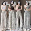 Pantalones Boho de Lino Seda de Hielo con Estampado Retro de Pierna Ancha para Mujer, Delgados, Holgados con Caída, Pantalones Casuales Adelgazantes