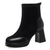 Botas de primavera e outono, botas simples de camurça elásticas, botas finas, bico quadrado, salto alto, botas curtas femininas, salto grosso, botas chelsea, zíper lateral conveniente